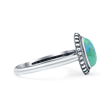 Petite Dainty Lab Opal Ring Solid Round Oxidized Simulated Turquoise 925 Sterling Silver